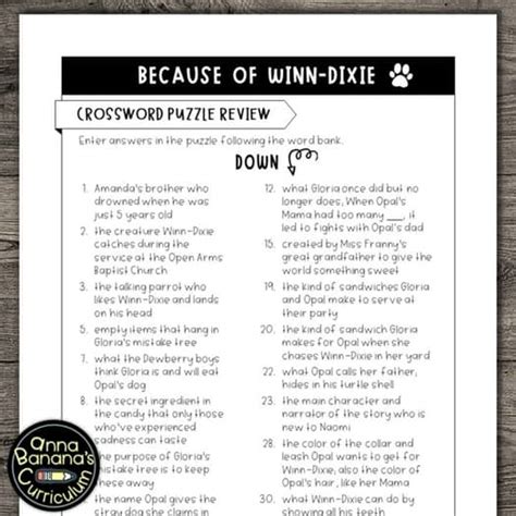 Because of Winn-Dixie Crossword Puzzle - FREE - Fun Summary Activity