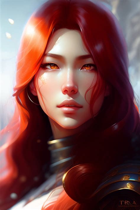 Lexica - Erza Scarlet, long red scarlet hair, oval iris brown eyes, glowing white skin ...