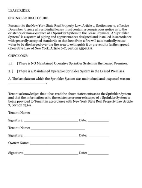 Lease Rider Sprinkler Disclosure - Blank Fillable Template | Fill Out ...