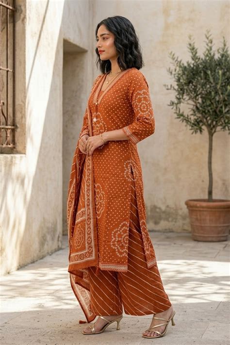 Autumn Spice Bandhani Cotton Kurti Set – Monamaar