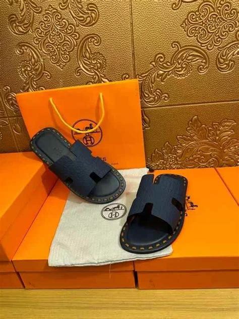 HERMES || H Designe Leather Slides Sandals For Men / BLUE – FASHION MYST