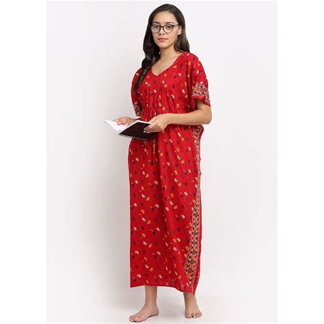Buy Secret Wish Women's Printed Cotton Kaftaan - Red (Free Size) Online