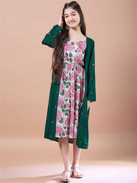Buy Green floral print empire dress Square Neck Midi Dress
