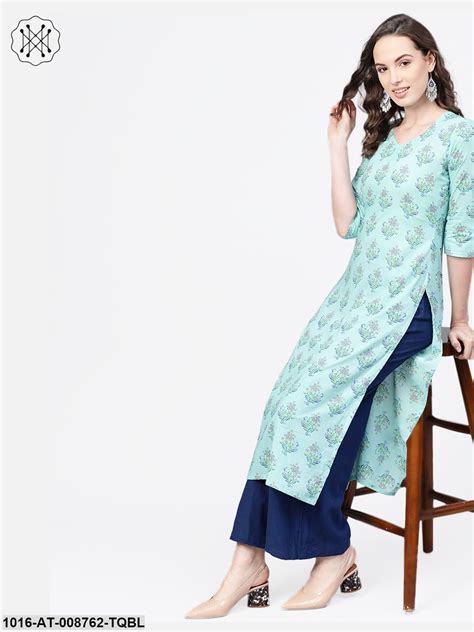 Pastel Blue Multi coloured Printed Straight Kurta with Sweet heart nec ...
