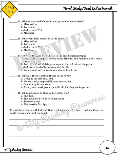 Dead End in Norvelt Comprehensive Quiz - My Reading Resources