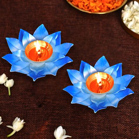Lotus Shaped Blue Metal Diya (Set of 2) – DecorTwist