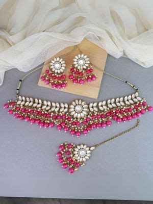 Buy I Jewels Pink Gold Plated Traditional Kundan Pearl Hanging Choker ...