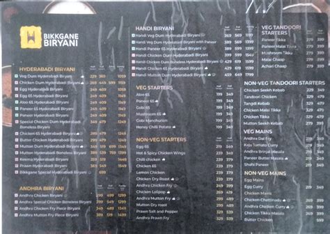 Menu at Bikkgane Biryani, Lucknow