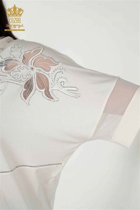 Wholesale Women's Blouse - Stone Embroidered - Ecru - 79057 | KAZEE