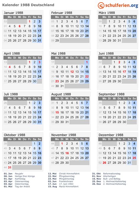 Free 1988 Calendars in PDF, Word, Excel