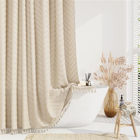 Dynamene Extra Long Shower Curtains, 84 Inches Long Boho Tufted Chevron ...