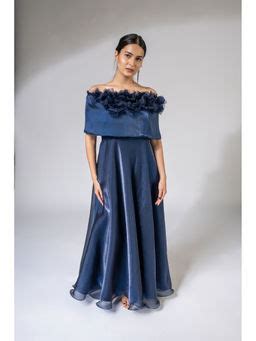 Buy Weaving Cult Maroon Shimmer Organza Maxi Dress with 3D Flower ...