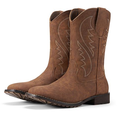 Rollda Cowboy Boots for Men Western Boots Men's Square Toe Chunky Heel ...