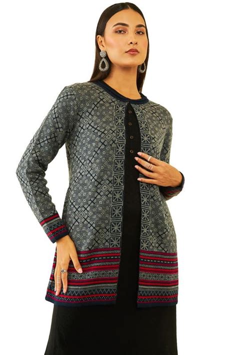 Buy Soch Womens Navy Blue Acrylic Ethnic Motifs Pattern Knitted Open ...