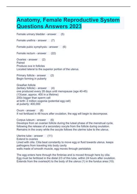 Anatomy, Female Reproductive System Questions Answers 2023 - Female reproductive system - Stuvia US