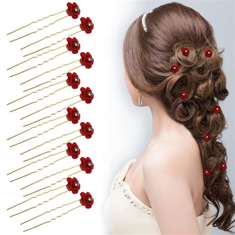 Buy Sanas 12 Pcs Fancy Jura Pins Red Flower Crystal Rhinestone Pearl ...