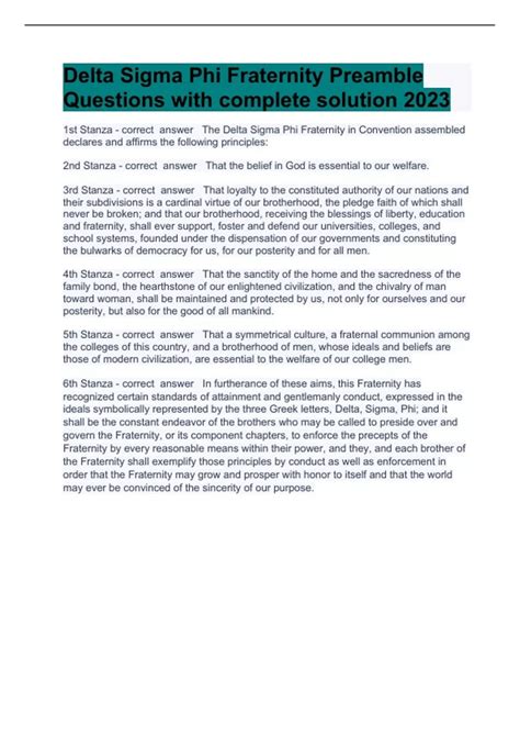 Delta Sigma Phi Fraternity Preamble Questions with complete solution ...