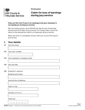UK Employee Jury Service Earnings Claim Form - Blank Fillable Template ...