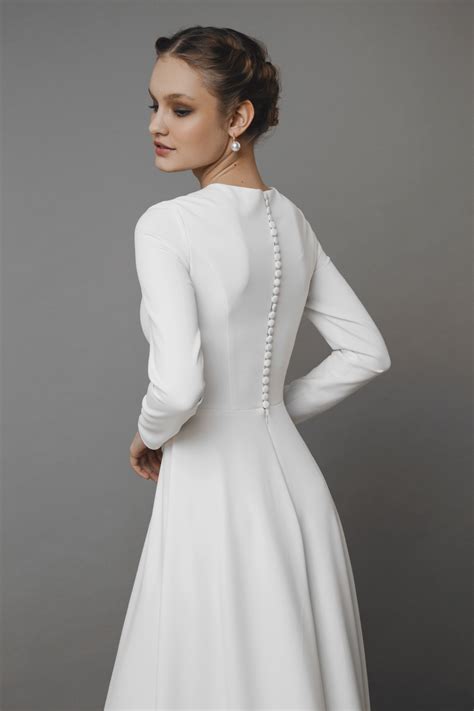 Minimalist crepe wedding dress, simple and modest bridal dress, long sleeve wedding dress ...
