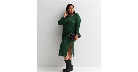 Curves Green Geometric Stripe Jersey Long Sleeve Cut Out Midi Dress ...