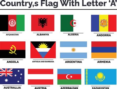 country flags with with A letter name vector set of flat shield icons ...