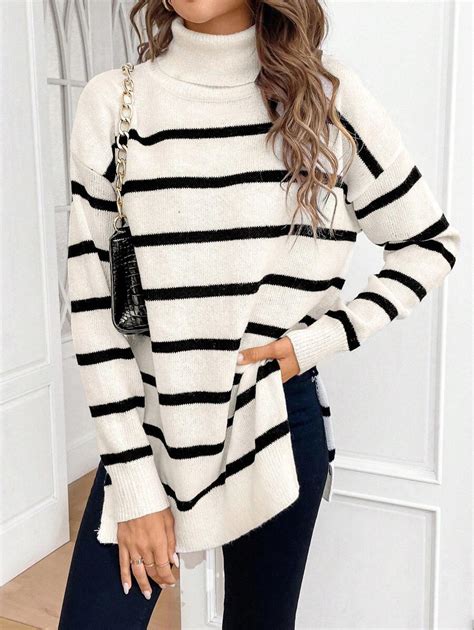 SHEIN Frenchy Striped Turtleneck Drop Shoulder Sweater | SHEIN USA