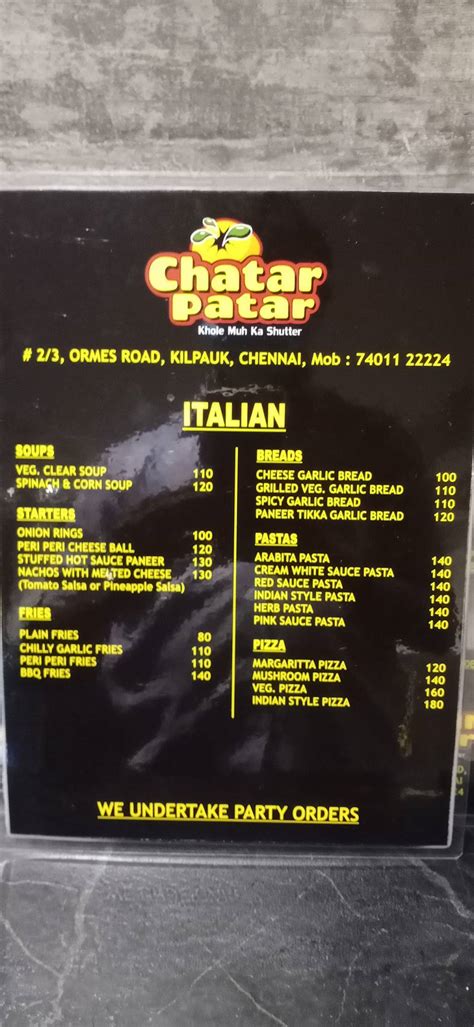 Menu at Chatar patar Chennai, Chennai, 3/2