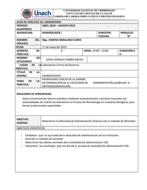 VSG VELOCIDAD DE SEDIMENTACION GLOBULAR - GUÍA DE PRÁCTICA DE ...