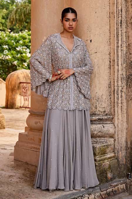 Buy Gray Georgette Sequins, Beads, Zari Collared Embroidered Grey ...