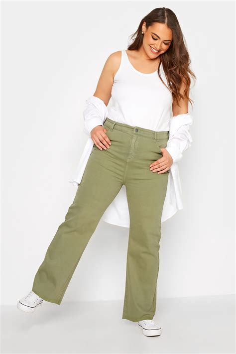 Plus Size Khaki Green Stretch Wide Leg Jeans | Yours Clothing