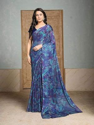 Buy Garden VARELI Women Blue Chiffon Abstract Saree Without Blouse Online