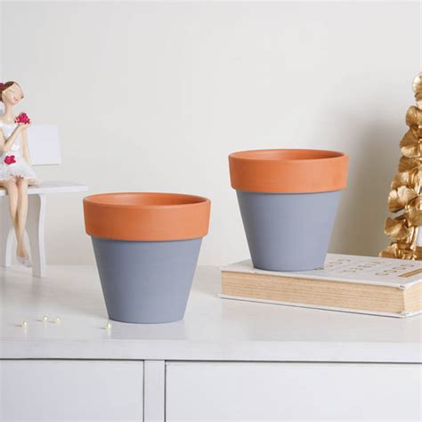 Brown Rim Grey Clay Pot Set Of 2 Online - Premium Planter | Nestasia