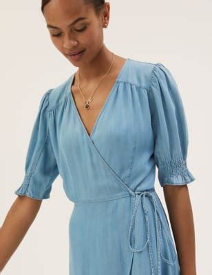 Tencel™ Denim V-Neck Midi Wrap Dress