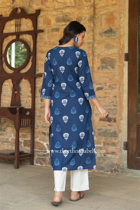 "Madhavi" Indigo Hand Embroidered Cotton kurta- big size – The Ethnic Label