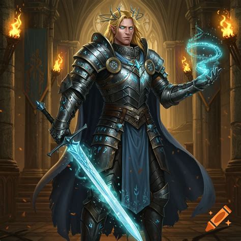 A male knight in ornate silver armor with glowing blue accents holds a ...