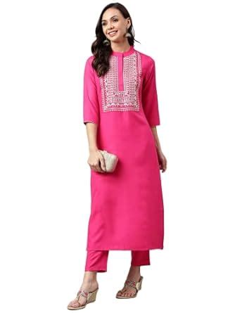 Buy GoSriKi Women's Cotton Blend Embroidered Straight Kurta with Pant ...