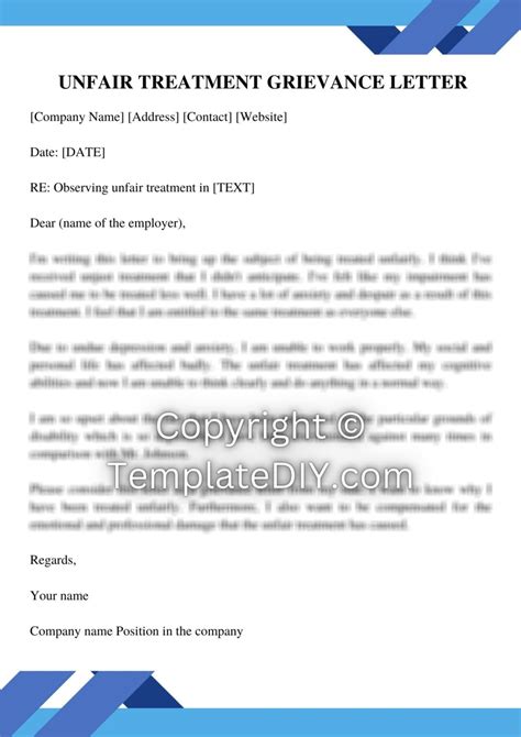 Unfair Treatment Grievance Letter Sample Template Examples