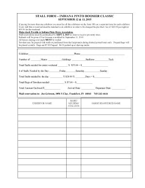 Fillable Online STALL FORM INDIANA PINTO HOOSIER CLASSIC SEPTEMBER 12 ...