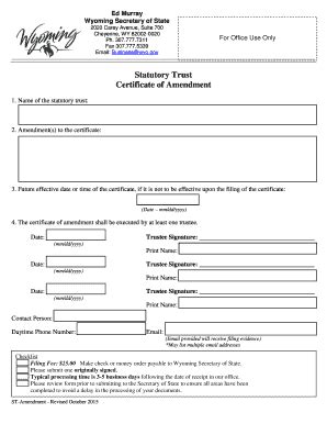 Fillable Online vote wyoming Statutory Trust Certificate of Amendment ...