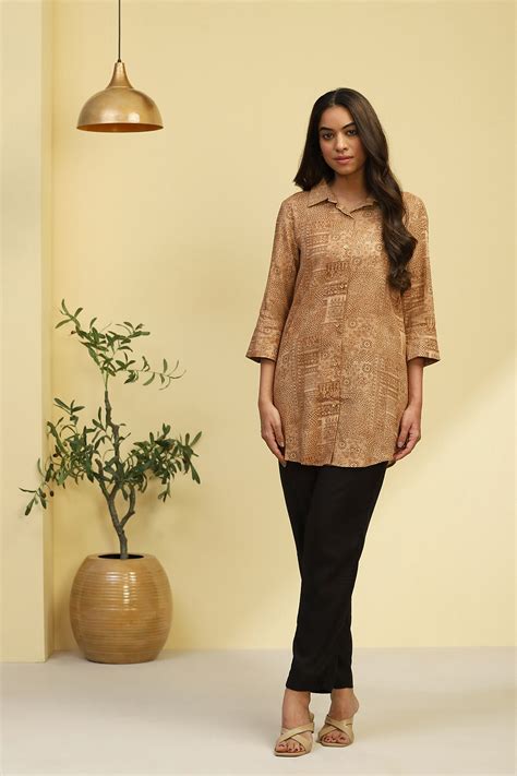 Buy Beige Printed Shirt Style Straight Kurti Online at Biba India