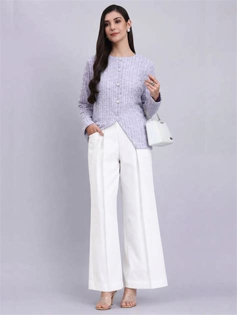 Women Lavender Warm Tweed Stretchable top With White Straight Fit Trou