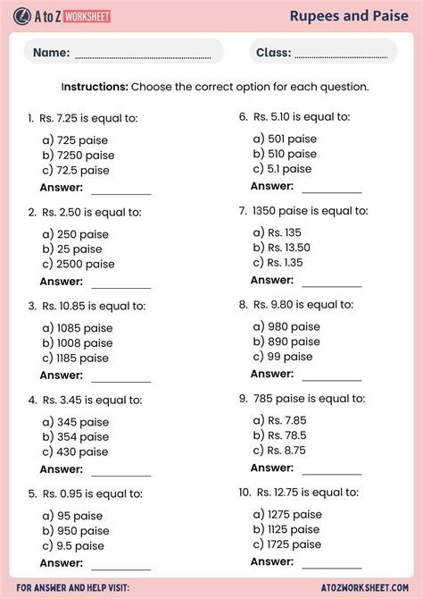 Convert Rupees To Paise Worksheets - A to Z Worksheet
