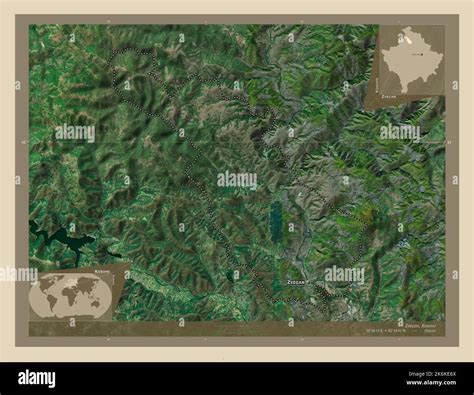 Zvecan, municipality of Kosovo. High resolution satellite map. Locations and names of major ...
