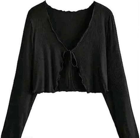 fcity.in - Long Sleeve Rib Knit Tie Front Cropped Cardigan Top / Stylish
