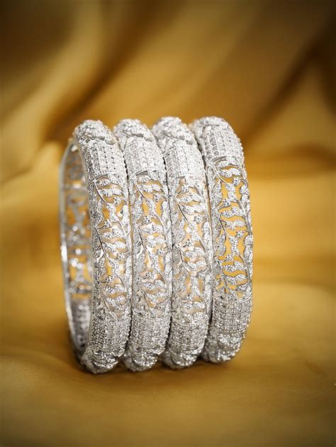 Shop Rubans Set Of 4 Silver Toned Zircon Studded Bangles Online at ...