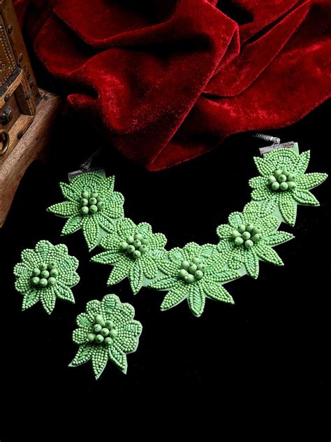 Green Beaded & Embroidered Floral Designed Handcrafted Jewellery Set