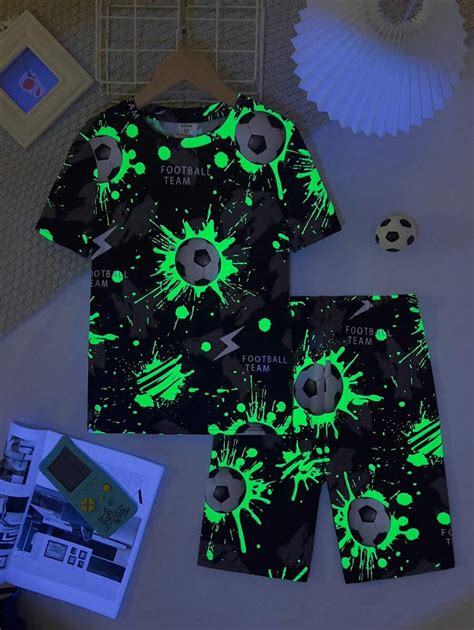 SHEIN Tween Boy Snug Fit Football Pattern Round Neck Short Sleeve Knit ...