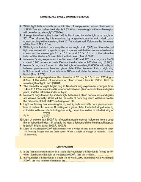 UNIT 3 Numericals - Numerical - NUMERICALS BASED ON INTERFERENCE White ...