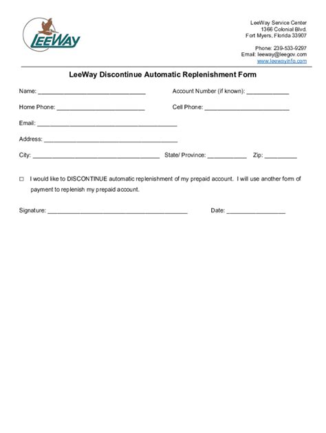 Fillable Online LeeWay Discontinue Automatic Replenishment Form Fax ...