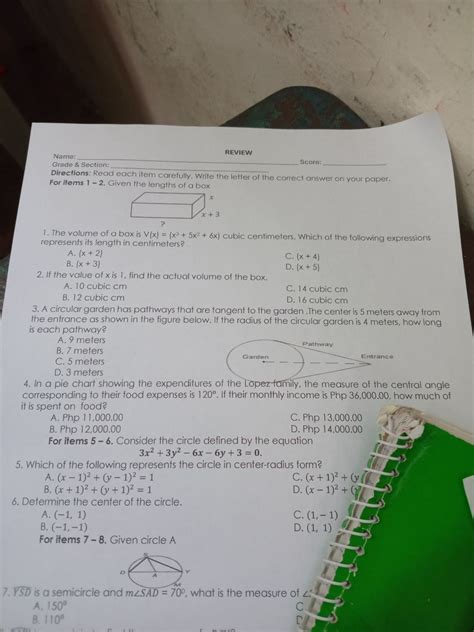 REVIEW Name: Grade & Section: Score: Directions: Read each item carefully..